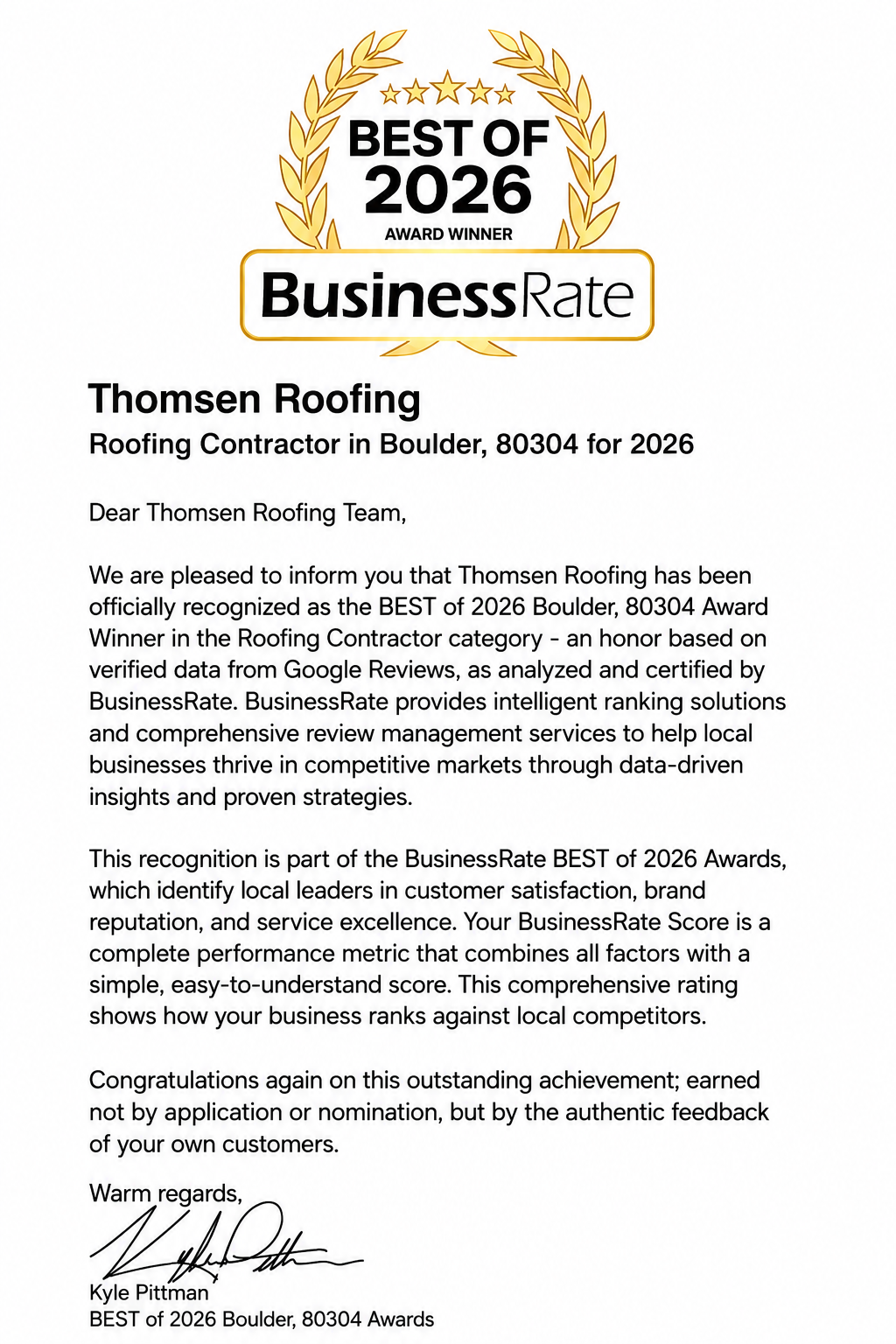 BusinessRate Best of 2026 Award Winner letter recognizing Thomsen Roofing as the top roofing contractor in Boulder, 80304